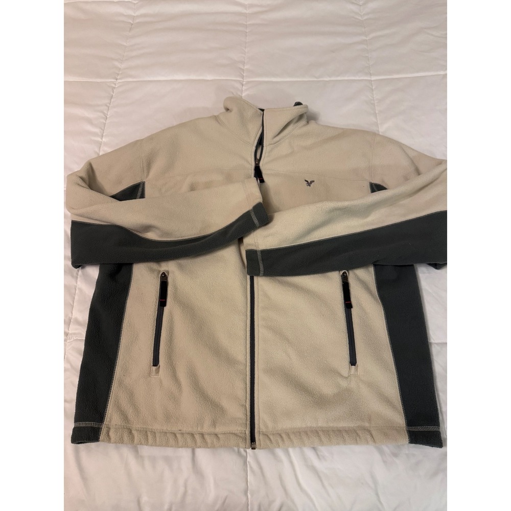 American Eagle Outfitters Mens XL Full Zip Fleece Jacket Cream Grey Mock Neck